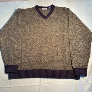 Structure Mens Vintage V-Neck Sweater 100% Lambswool Marled Green Brown Large
